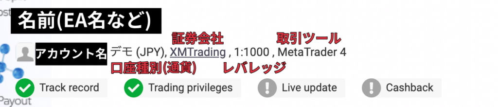Myfxbookのデータの見方, アカウント名や口座種別など