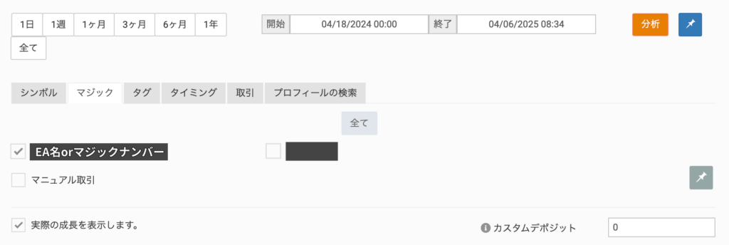 カスタム分析で特定のfx自動売買(ea)の結果を表示する, fx自動売買(ea)や期間の設定