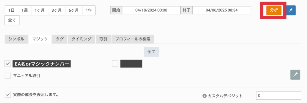 カスタム分析で特定のfx自動売買(ea)の結果を表示する, fx自動売買(ea)や期間の設定をし分析をクリック